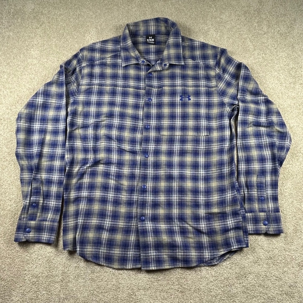 Under Armour Mens XL Blue Plaid Snap Front‎ Long Sleeve Ventilated Fishing Shirt